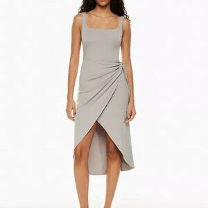 Aritzia Wilfred Saturn Dress Drapey midi resort wrap dress in Grey Blue Ashen